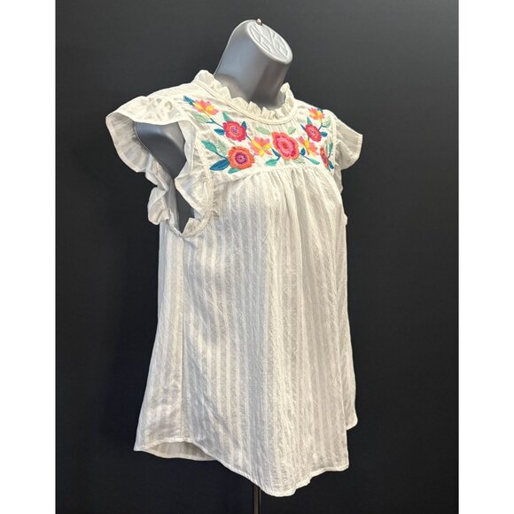 Blu Pepper Floral Embroidery Yoke Ruffed Sleeves Blouse Fiesta Pink Orange Teal - Picture 2 of 8